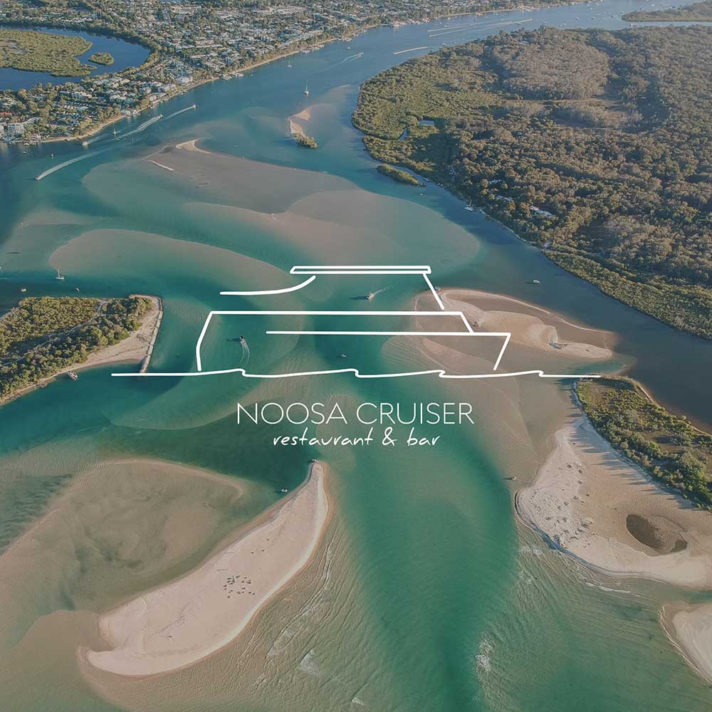 Noosa Cruiser logo over aerial shot of Noosa River